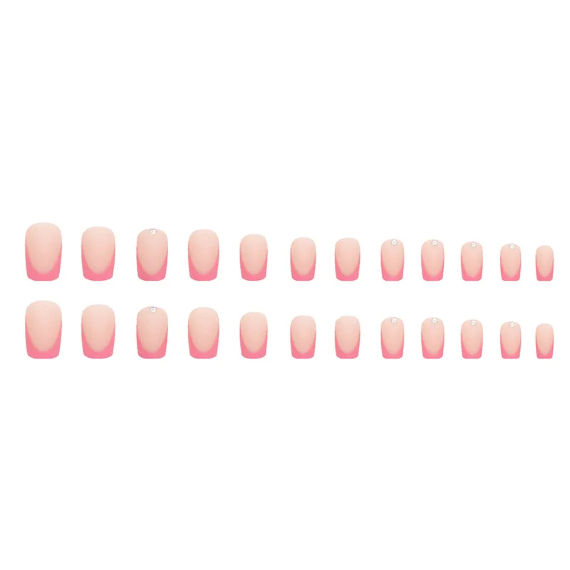 24pcs Simple French Rose Pink Rhinestone Frosted Sweet False Nails Set with Glue Artificial Cheap Fake Press on Nails for Girls