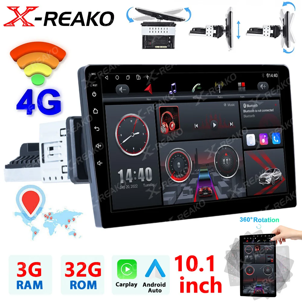 X-REAKO 1Din 10 Inch Automotive 360° Rotatable Screen Multimedia Player For Universal Car Radio Android 13 CarPlay Auto Headunit