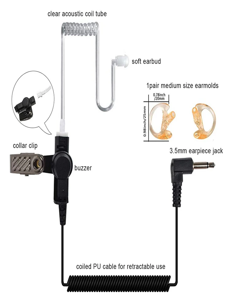 Surveillance Covert Acoustic Air Tube Earpiece,Police Radio Headset with Short Coil for Motorola Speaker Mics, 3.5mm, 1 Pin