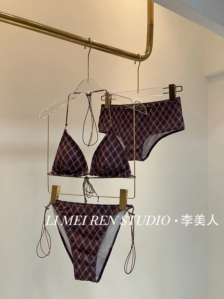 

New vacation sexy hot girl hanging neck plaid bikini three piece set swimsuit for women