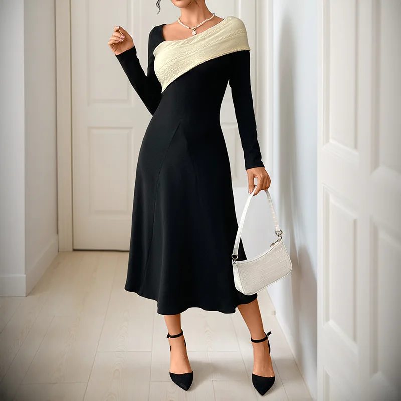

2025 New Women's Fashion Joker Sexy Elegant Waist Swing Irregular V-neck Color Matching Temperament Dress Lady