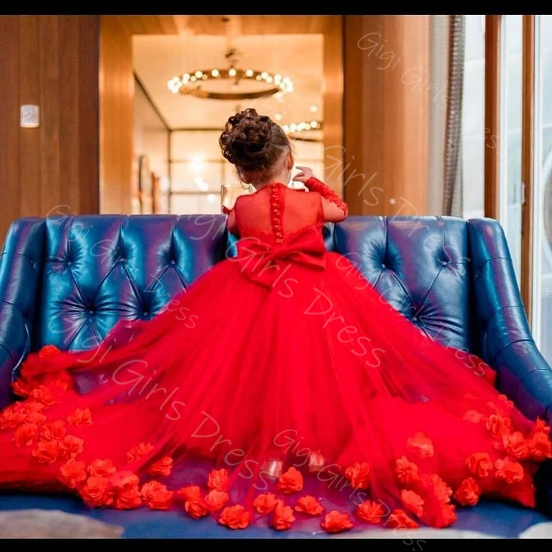 

Customized Girls Party Gown Red Lace Appliques Full Sleeves Flower Girl Dress Long Princess Pageant Dress With 3D Flowers Train