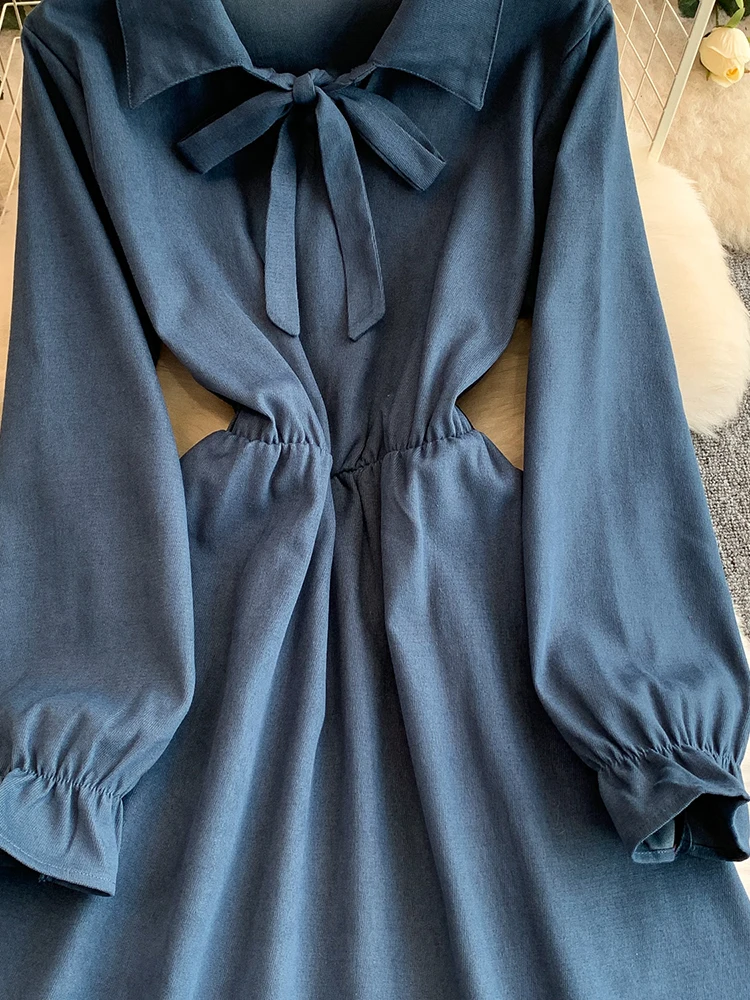 المرأة قميص فستان النمط الفرنسي الدانتيل يصل التلبيب فستان الخريف الشتاء حزام مطاط بسيط الصلبة منتصف طول فستان الإناث DS243