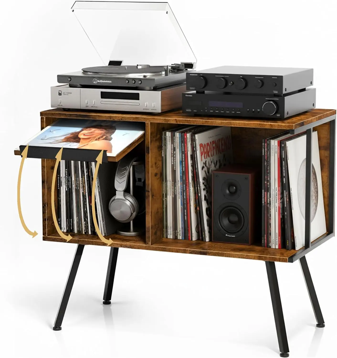 

Flip Top Record Player Stand, Holds 150+ Albums, Mid Century Turntable Table with Open Storage for Living Room, Rustic Brown