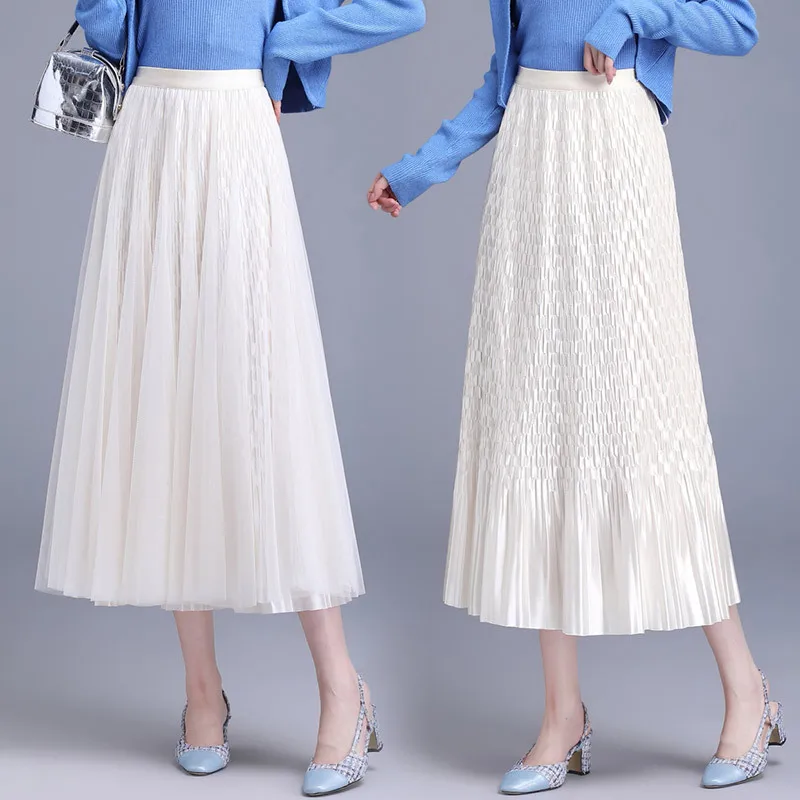 Fashion New Summer Women's Elegant Mesh Skirt 2024 Spring Boho Korean High Waist Pleated Layers Tulle Pleated Midi Skirts