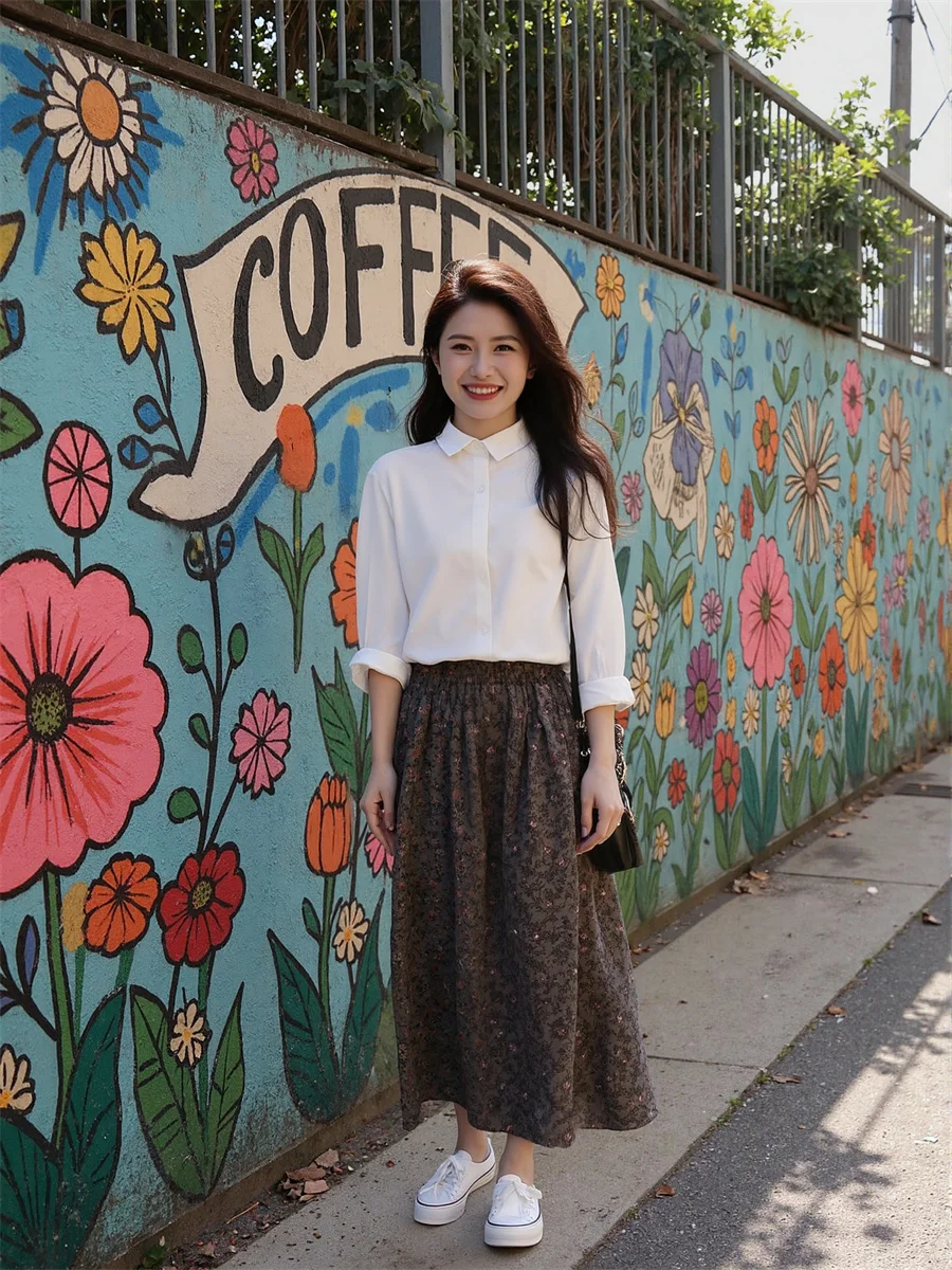 

Midi Floral Printed Skirts Womens Knotted Ruched Belted Waist Pleated Layered Sweet Chic Feminine Artistic Modern Cozy