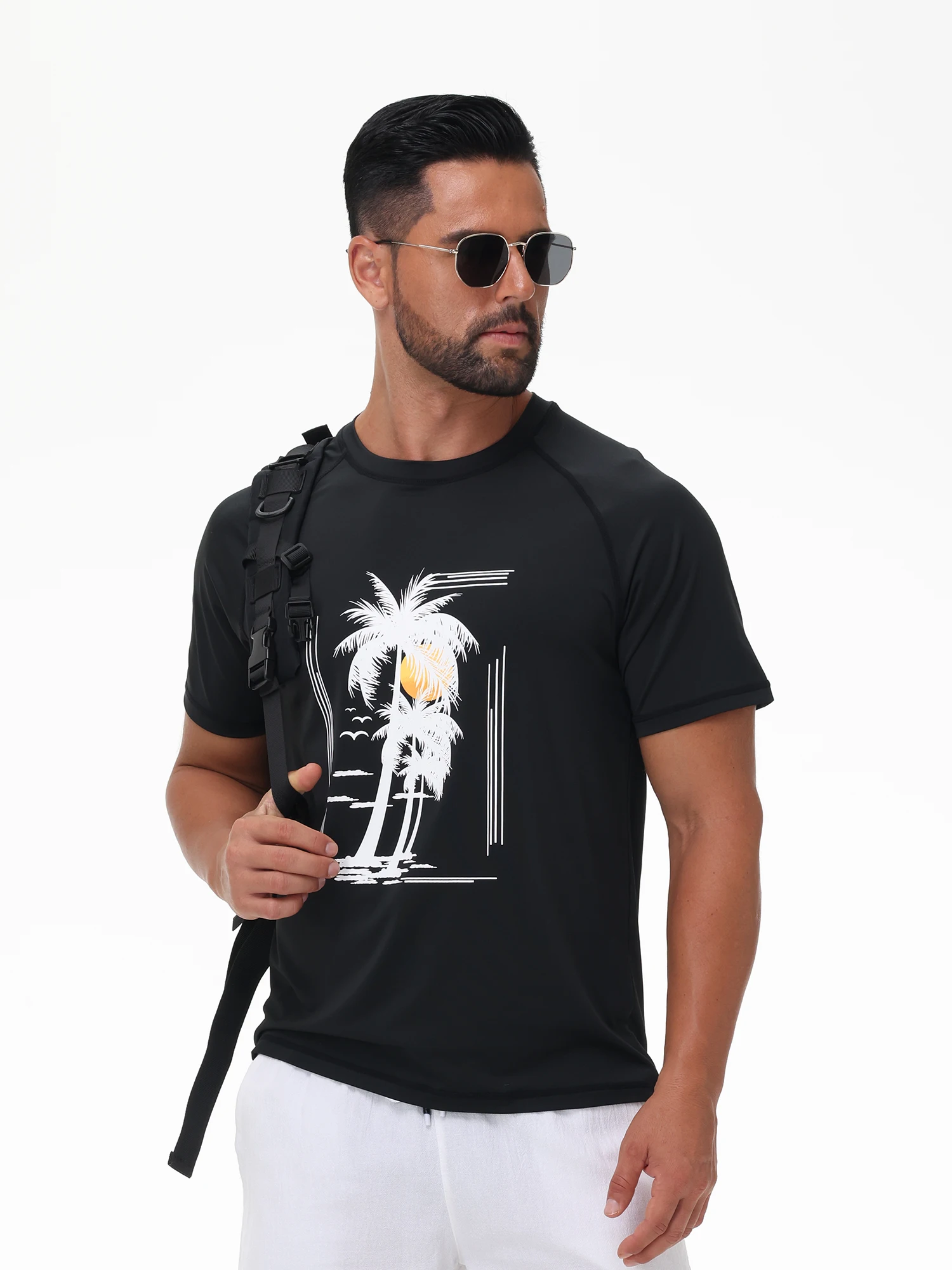 

Men's Summer CoconutTree Printed T-Shirt, Quick-dry Beach Swimming T-shirt UPF 50+ Short Sleeve for Swimming Board Sport