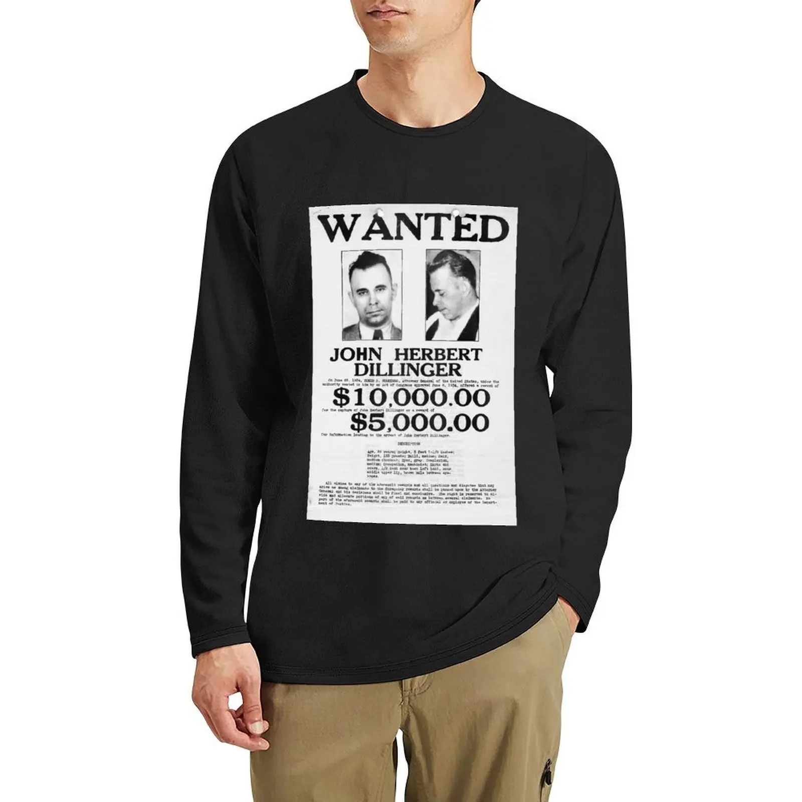 1934 أراد ملصق للعبوجات جون ديلينغر تي شيرت طويل تي شيرت الأولاد الأبيض تي شيرت تجريب القمصان للرجال