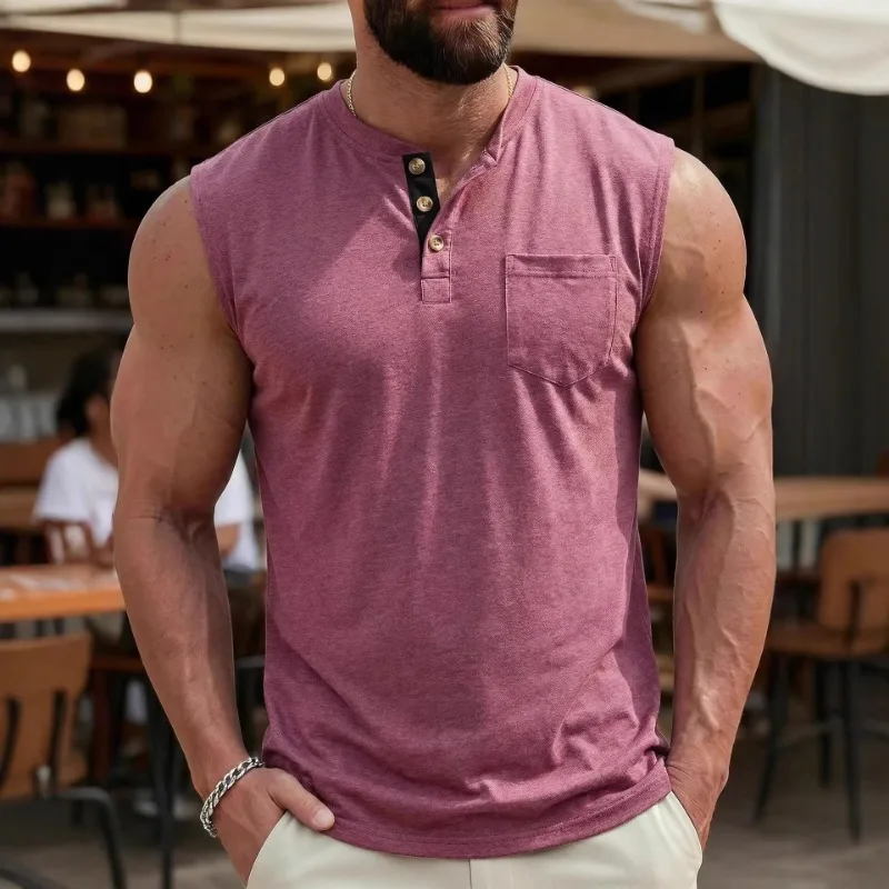 Men Contrast Placket Henley Tank Top Pocket Sleeveless Shirt Summer Casual Fitness Vest