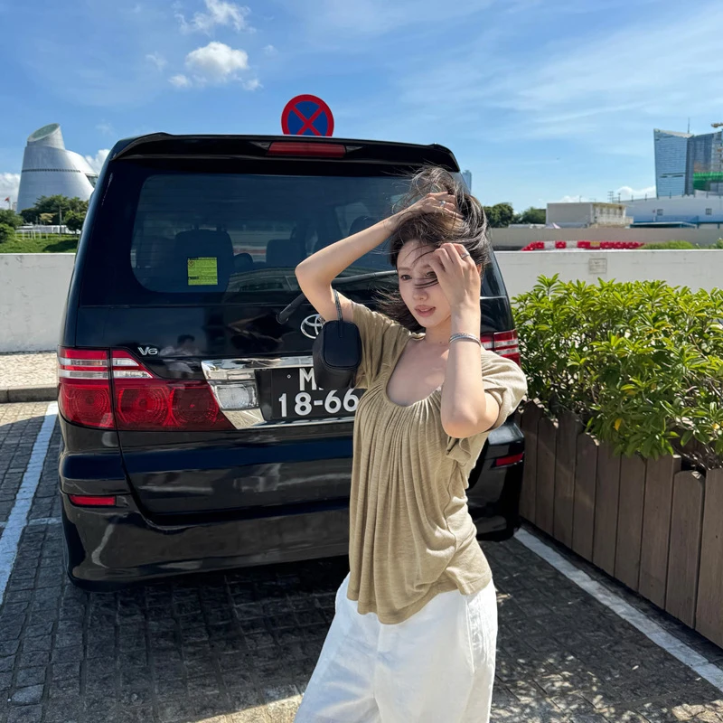 Design Sense Lazy Pleated Large U-neck Short Sleeve Loose Versatile Casual Summer Tops