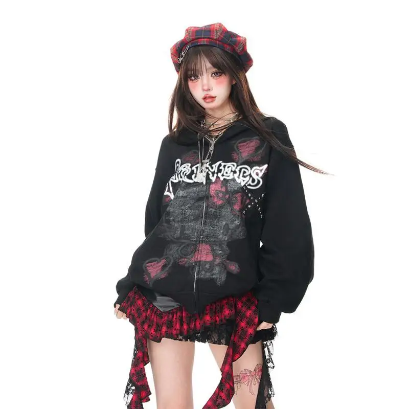 

Cotton American Printed Hooded Sweatshirt Women Early Fall Loose Hooded Tops Slouchy Style Jacket