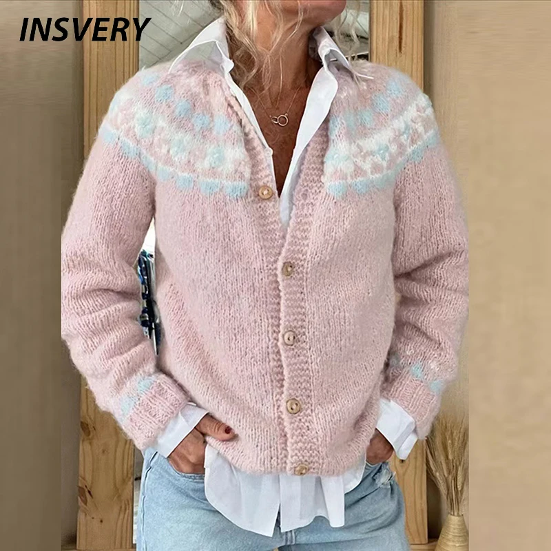 

Элегантный свитер с принтом, женский повседневный вязаный свитер с длинными рукавами и пуговицами для женщин, осенне-зимний свитер, кардиган, куртка