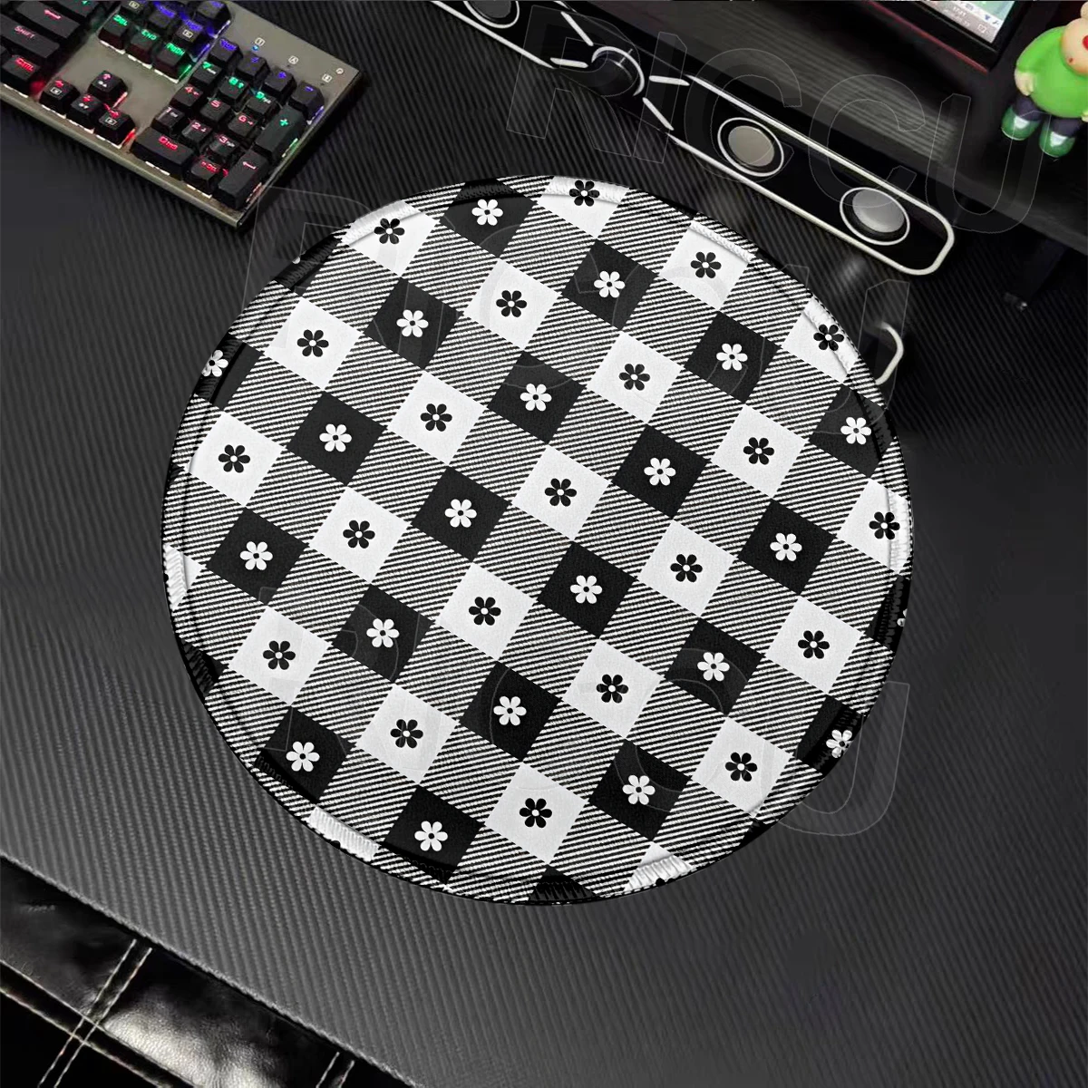 Black Mouse Pad Minimalism Flower Grid Mousepad Computer Home Round Mousemat Natural Rubber Carpet Decoration Keyboard Desk Mat
