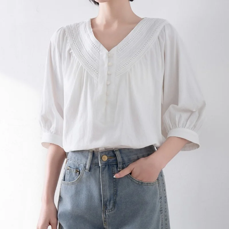 

Summer Lace Patchwork V-neck Women's Blouses 2025 New Single Breasted Short Sleeve Elagant Office Lady Casual Loose Shirt Female