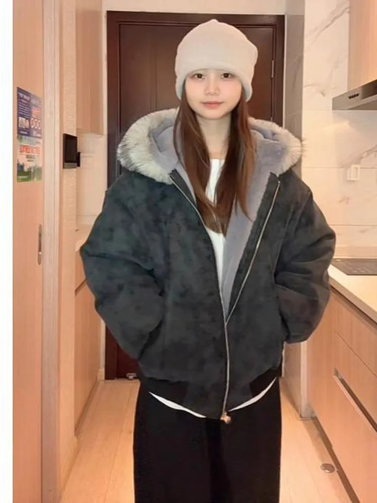 Nuovo Cappotto Primaverile da Donna in Cotone con Cappuccio e Pelliccia Sintetica, Design Aquila Marmorizzata, Vestibilità Ampia e Calda