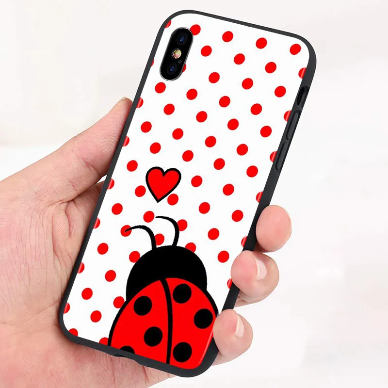 Seven-Star Ladybug Silicone Cover For Apple IPhone 13 12 Mini 11 Pro XS MAX XR X 8 7 6S 6 Plus 5S SE Black Phone Case