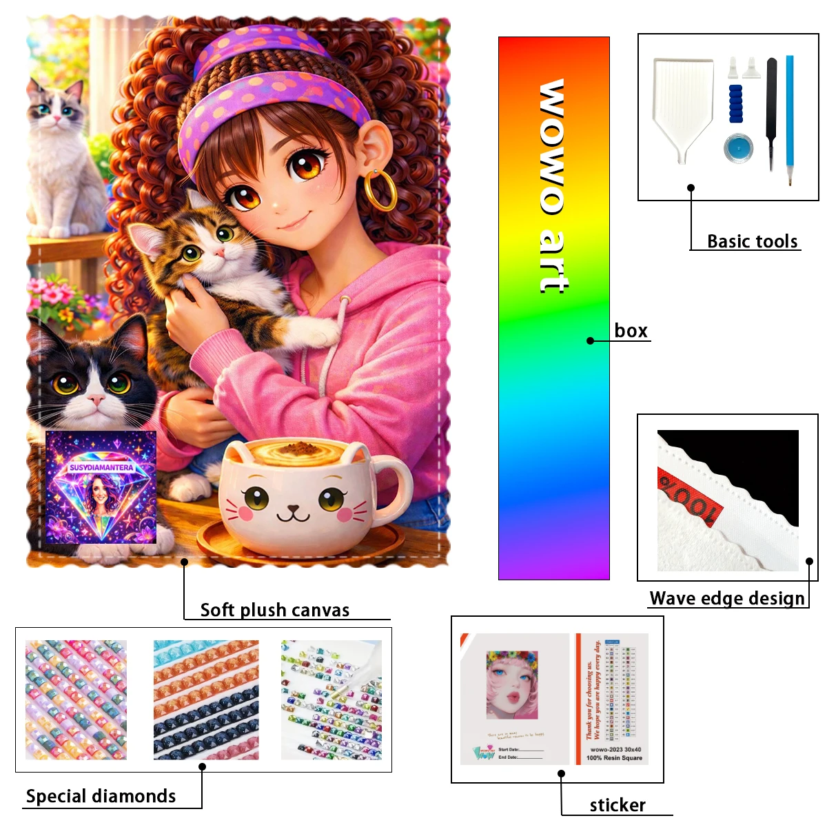 

【Susy Diamond Art】 CaféMimitos High quality canvas with resin-AB-fairy dust and metal studs diamond