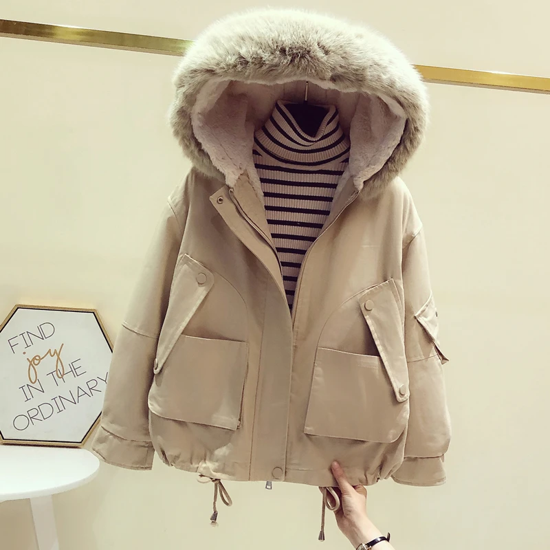 

Women's Short Cotton Jacket Fleece Lined Workwear Hong Kong Style Coat Thickened Long Sleeve Zipper Pure Color Commute Fashion