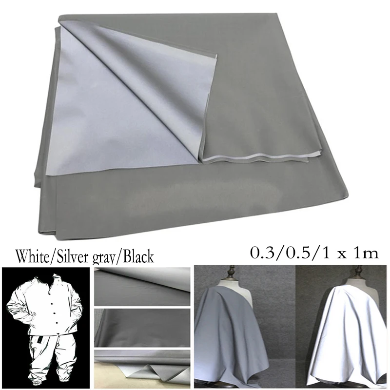 Larghezza 0.3m/0.5m/1m tessuto luminoso panno riflettente guida notturna materiale da cucito fai-da-te panno Patch di sicurezza grigio argento/nero/bianco