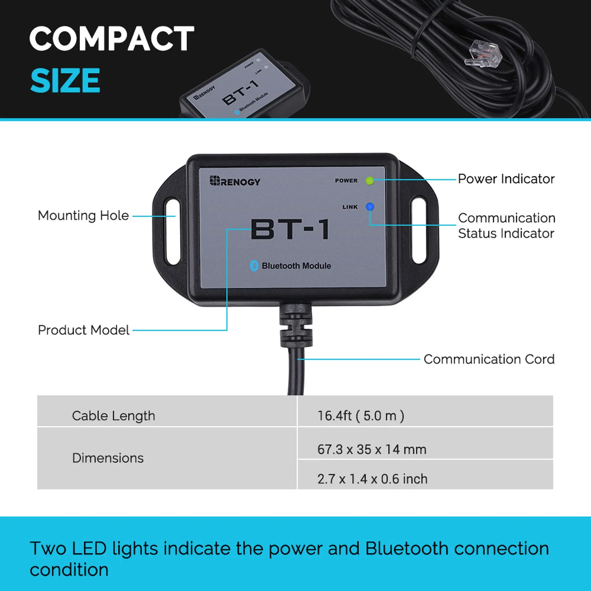 Renogy Bluetooth Module RJ12 Communication Port Compatible Rover/Wanderer/Adventurer Charge Controllers, BT-1 RS232