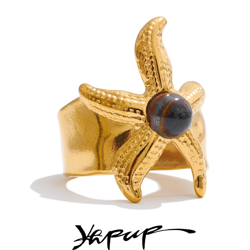 Yhpup Size:7 Ocean Style Stainless Steel Natural Tiger Stone Starfish Open Ring Summer Beach Holiday Wear Jewellery Gift