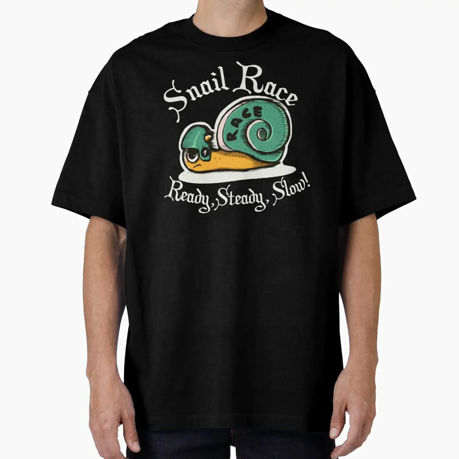 Snail Ready Steady Slow en version dessin enfantin, conçu et vendu par emm j vintage, haut streetwear délavé pour un usage quotidien