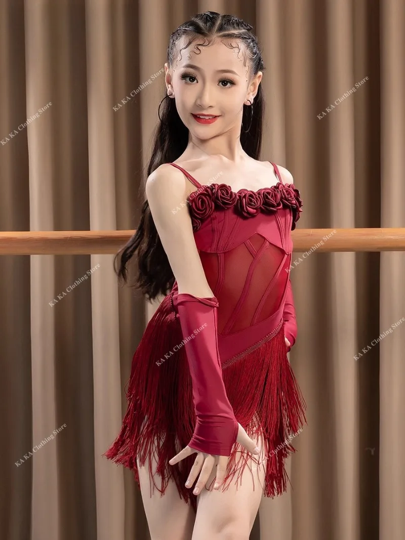 Sukienka do tańca latynoamerykańskiego salsa tango dla dziewczynek, sukienka z frędzlami, spódnica do tańca rumba tango z chwostami, dziecięca sukienka konkursowa do tańca towarzyskiego, standardowa dla dzieci.