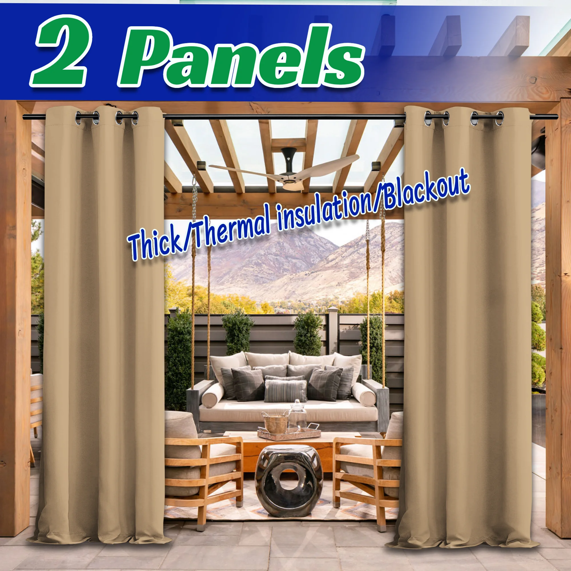 2PCS Outdoor Blackout Heavy Curtains, Privacy , Top Grommet Design, Windproof and Waterproof, Suitable for Porch and Gazebo