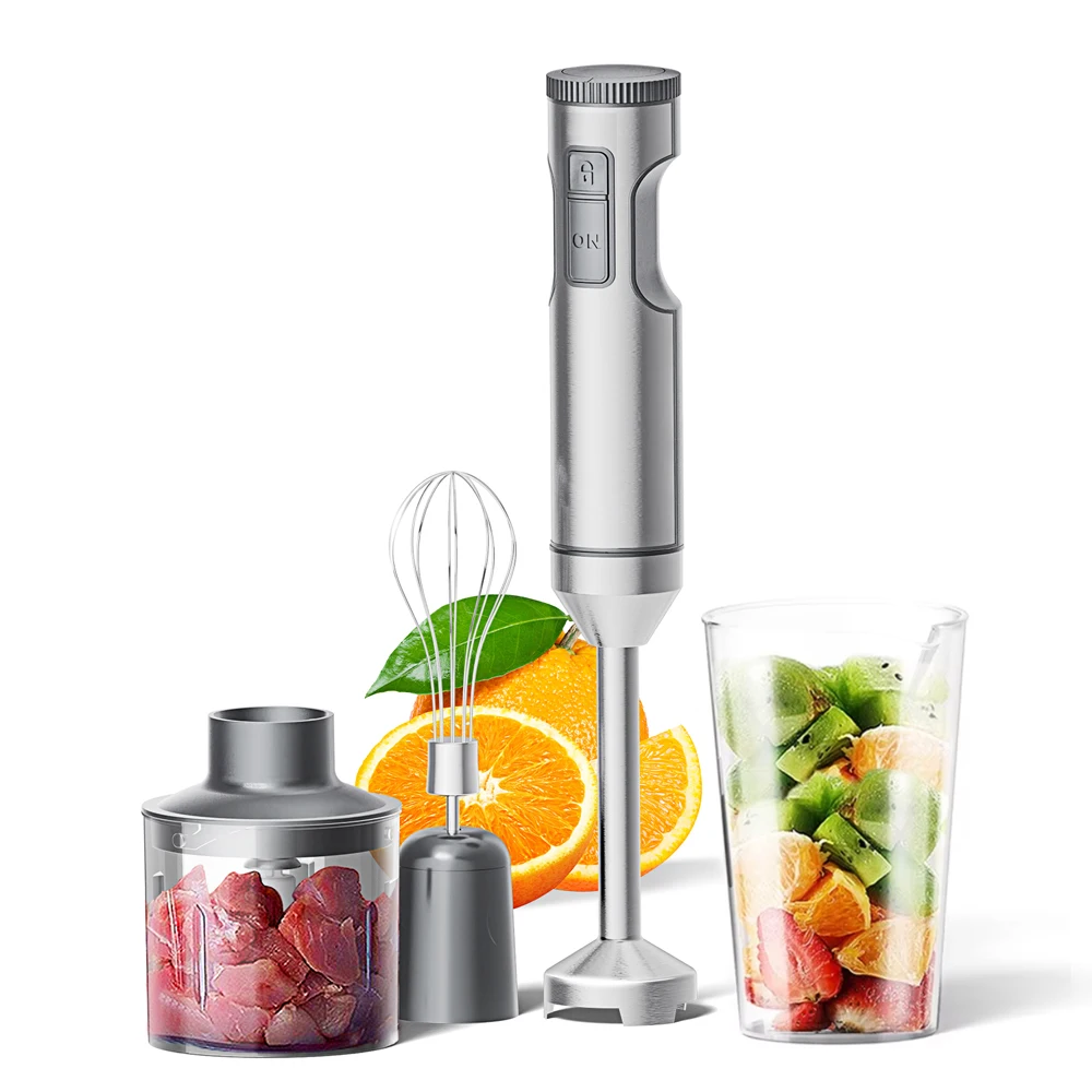 Frullatore ad immersione manuale 1000 W Potente 4 in 1, robot da cucina con bastoncino in acciaio inossidabile, vaso di miscelazione da 700 ml, processore da 500 ml, frusta