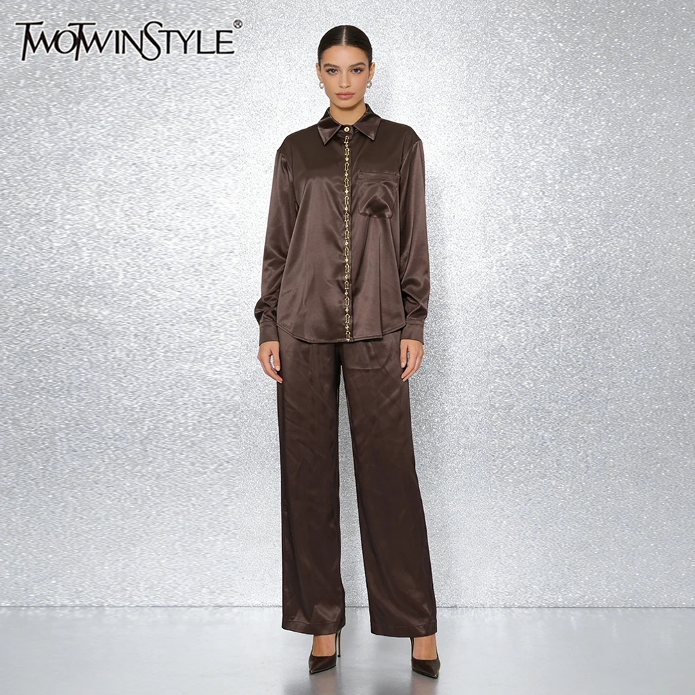 

TWOTWINSTYLE однотонные повседневные комплекты из двух предметов для женщин, рубашка с длинными рукавами и лацканами, рубашка с цепочкой, широкие брюки, модный комплект, женский новый