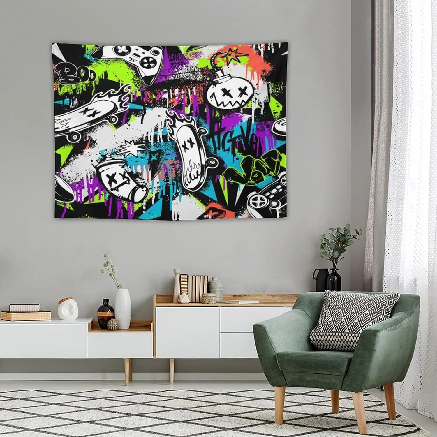 

Vibrant Abstract Tapestry Graffiti Spray Paint Art with Scooter Monster Cartoon Bold Wall Hanging for Bedroom Dorm Dining Room