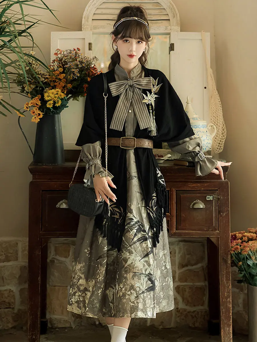 

Designer's Gift Original Gilded Bamboo Shadow Hanfu Dress Lolita Girls' Chinese Style Han Elements New Chinese Shawl Dress Set