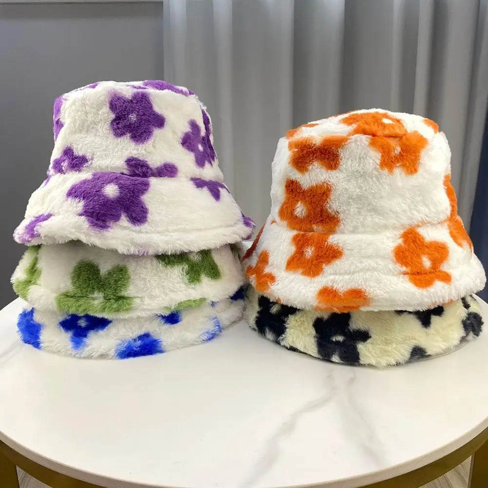 Women Flower Print Plush Bucket Hats Winter Outdoor Keep Warm Hat Ear Protection Fisherman Cap Soft Velvet Furry Panama Caps