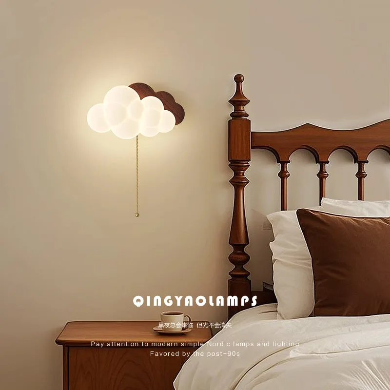 Cloud Wall Lamp Eye Protection Children's Room Lamp Antique Walnut Pattern Bedroom Bedside Led Postmodern Outdoor Lighting Lamp