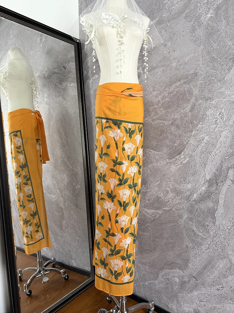 Spring Summer Fashion Beach Style Floral Print Pencil Long Skirt Women's Lace-Up Slim Sexy Buttock Covering Skirt