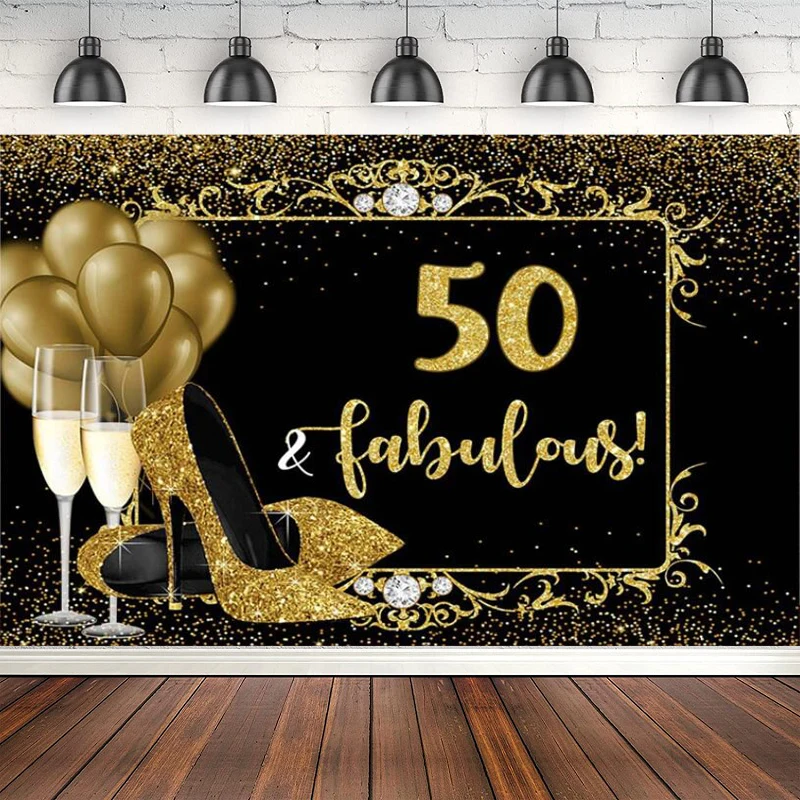 Fantastische fotografie achtergrond hoge hakken champagne goud glitter foto achtergrond gelukkig 50e vijftig verjaardag partij decor poster