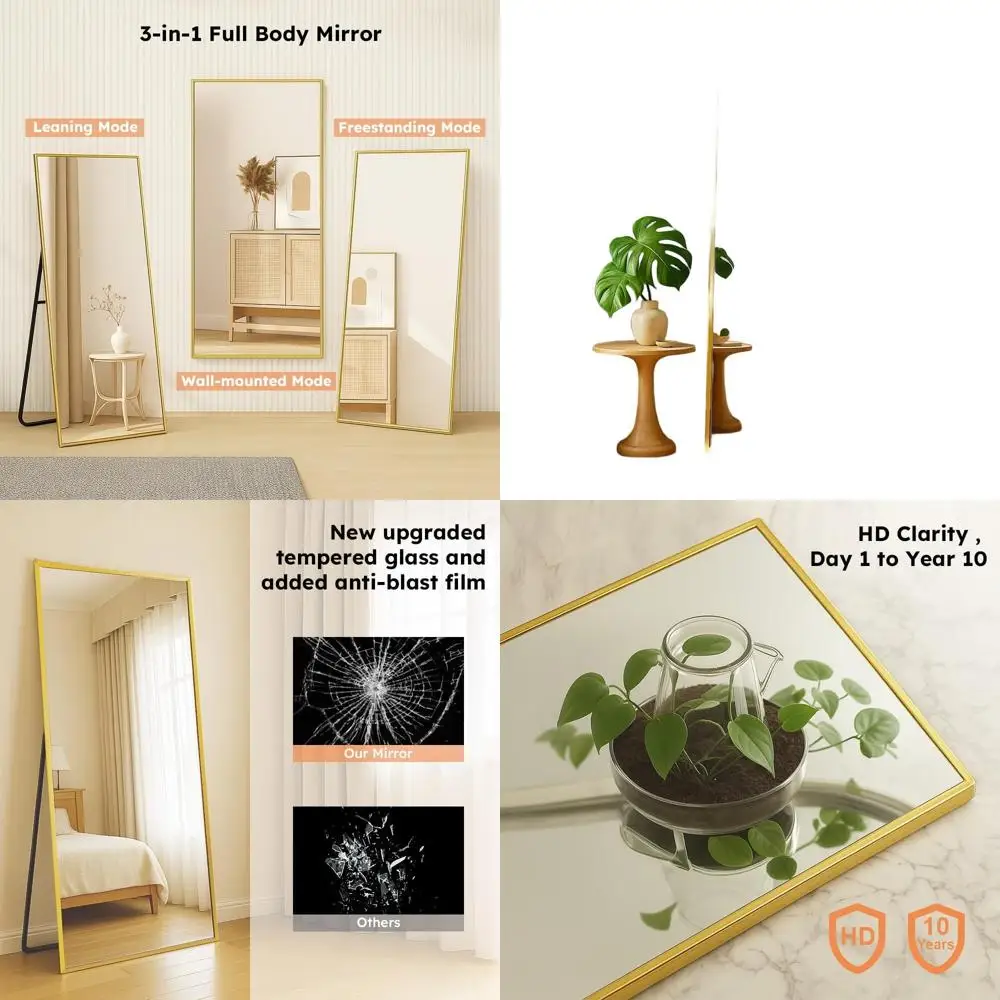 

Heavy Duty Aluminum Framed Rectangular Mirror, 59x16 Inches, 3-in-1 Use for Bedroom, Gym, Gold