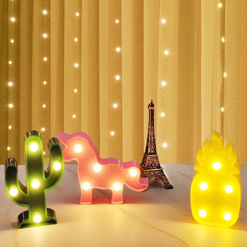 Lampu malam kartun Unicorn, Flamingo/kaktus/nanas/Cloud/Bintang/cangkang lampu meja LED untuk dekorasi pesta kamar tidur anak-anak