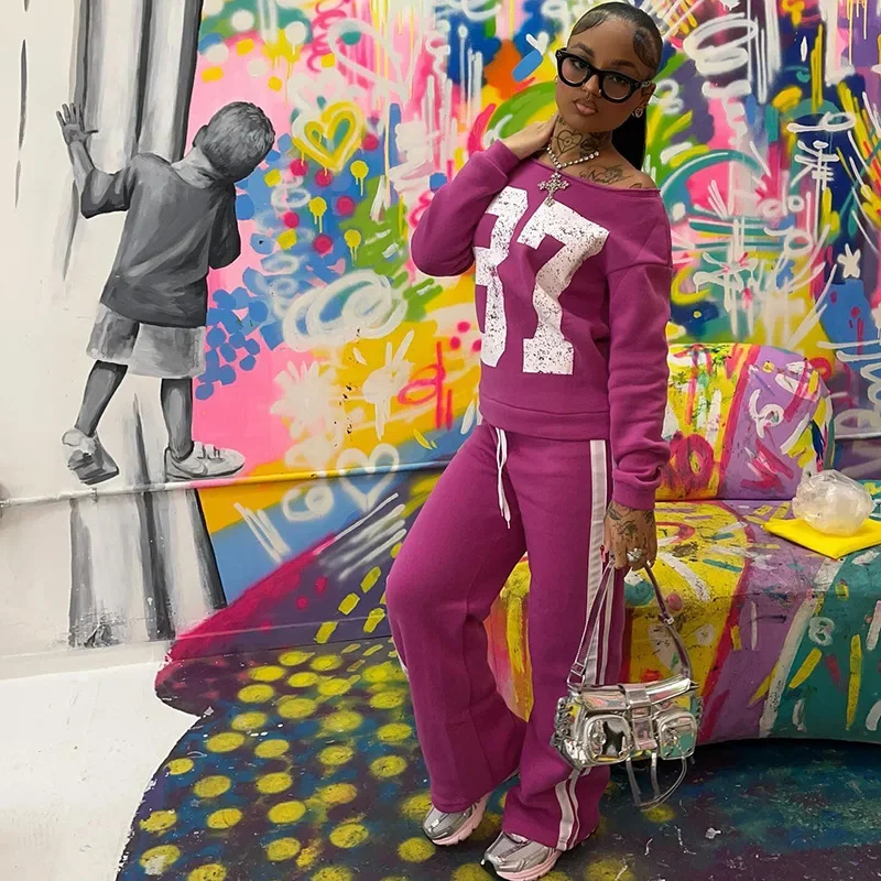 

Letter Print Loose Casual 2 Piece Set Women Tracksuits Off Shoulder Full Sleeve Sweatshirts Tops + Side Stripe Wide Leg Pants