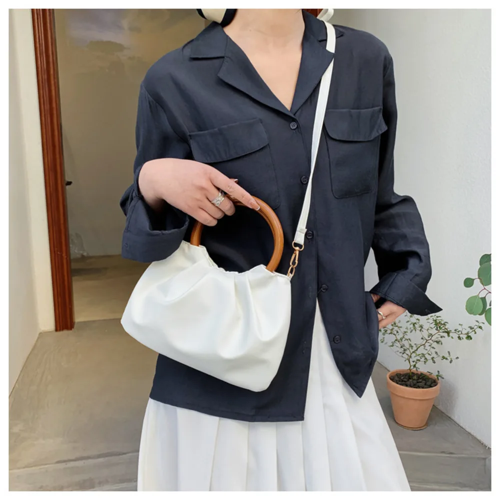 Retro Ring-shaped Handheld Bag Women\'s Bag Korean Fashion Simple Small Square PU Shoulder Crossbody Bag Female Pleated Hand Bags