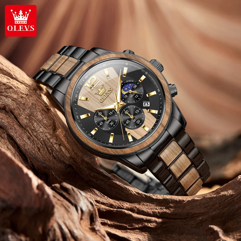 OLEVS 3645 Mens Watch Original Luxury Quartz Watch Waterproof Luminous Solid Wood Moon Phase Day Watches For Man New Reloj