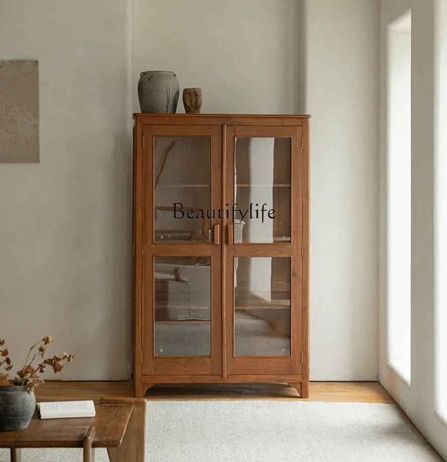 

yj7 Indonesian old bookcase medieval wabi-sabi wind solid wood glass floor-to-ceiling locker