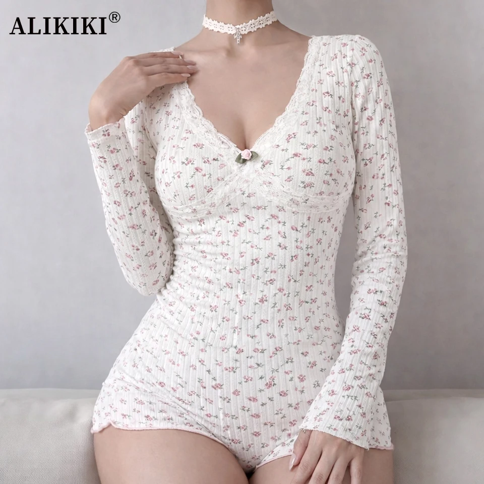 

Комбинезон с кружевной отделкой и цветочным принтом, сексуальный эстетический боди с длинными рукавами Y2K, милые вязаные пижамы, ночные рубашки, повседневная домашняя одежда для женщин