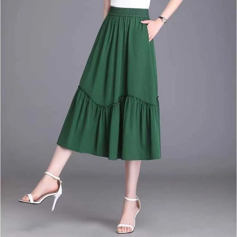 Fashion Solid Color Elastic Waist Pockets Spliced Ruffles Skirts Women Clothing 2024 Spring Summer Loose Casual High Waist Skirt