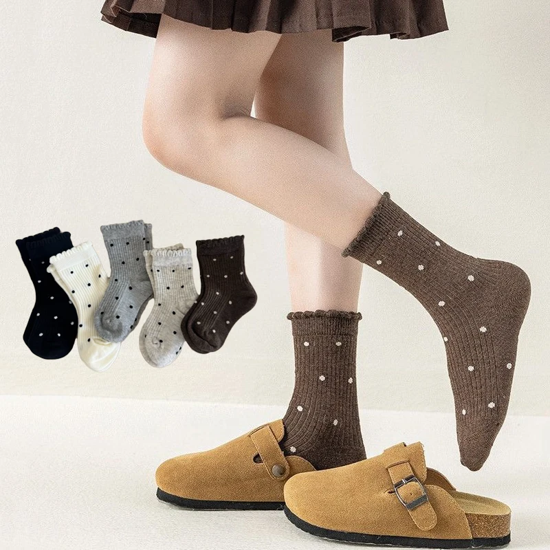 5Pairs/set Kids Socks For Girls Spring Autumn Soft Cotton Polka Dot Children's Socks Fashion Kids Sweet Cute Knitted Socks 2-12Y