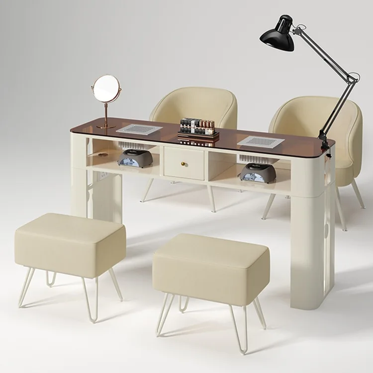 Glass manicure table single and double three-person manicure table and chair set black simple manicure shop table
