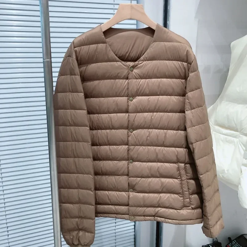 Chaquetas acolchadas con forro y cuello en V Variable para hombre, 90% plumón de pato blanco, abrigo ligero y plegable para mantener el calor, otoño