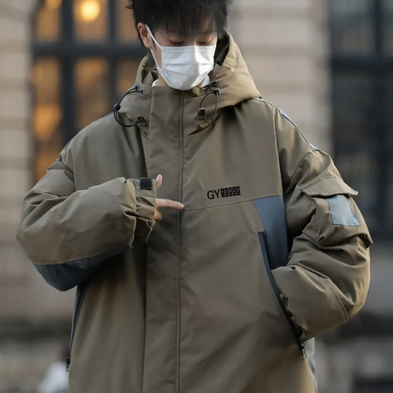 

Мужское зимнее пальто Thiened Cotton Jaet с капюшоном, рабочая одежда с несколькими карманами, молодежное теплое длинное пальто све, однотонное пальто