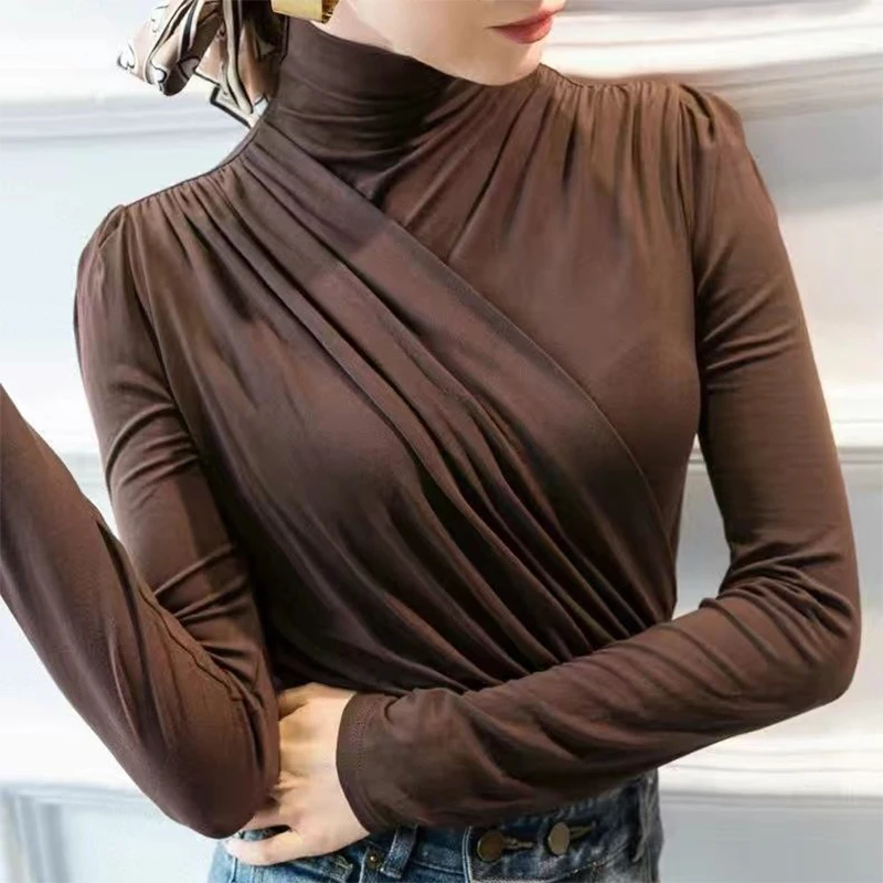 2022 Autumn Winter High Neck Solid Folds Cross Long Sleeve Bottoming T-shirt Ladies Casual Fashion All-match Pullover Tee Top