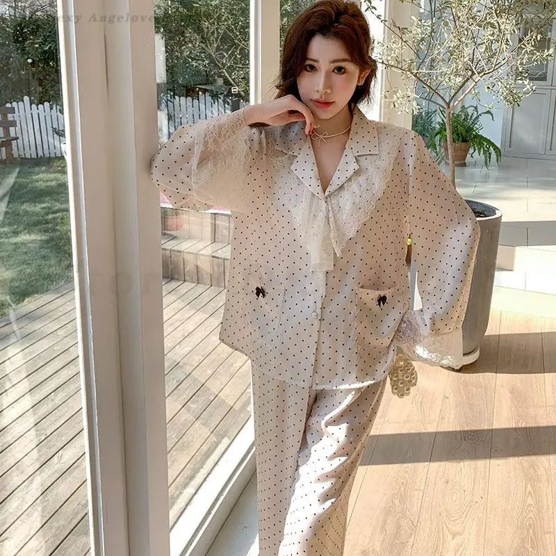 

Sweet Lace 2PCS Pajamas Set Spring New Long Sleeve Trouser Sleepwear Sexy V-Neck Polka Dot Pyjama Pour Femme Homewear Loungewear